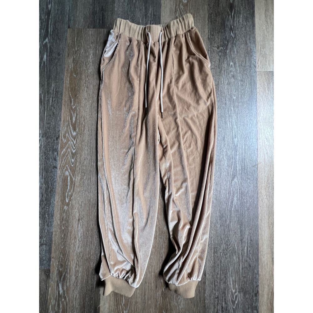 Missguided Joggers Womens Size 0 Tan Ribbed Velvet Drawstring Sweatpants
